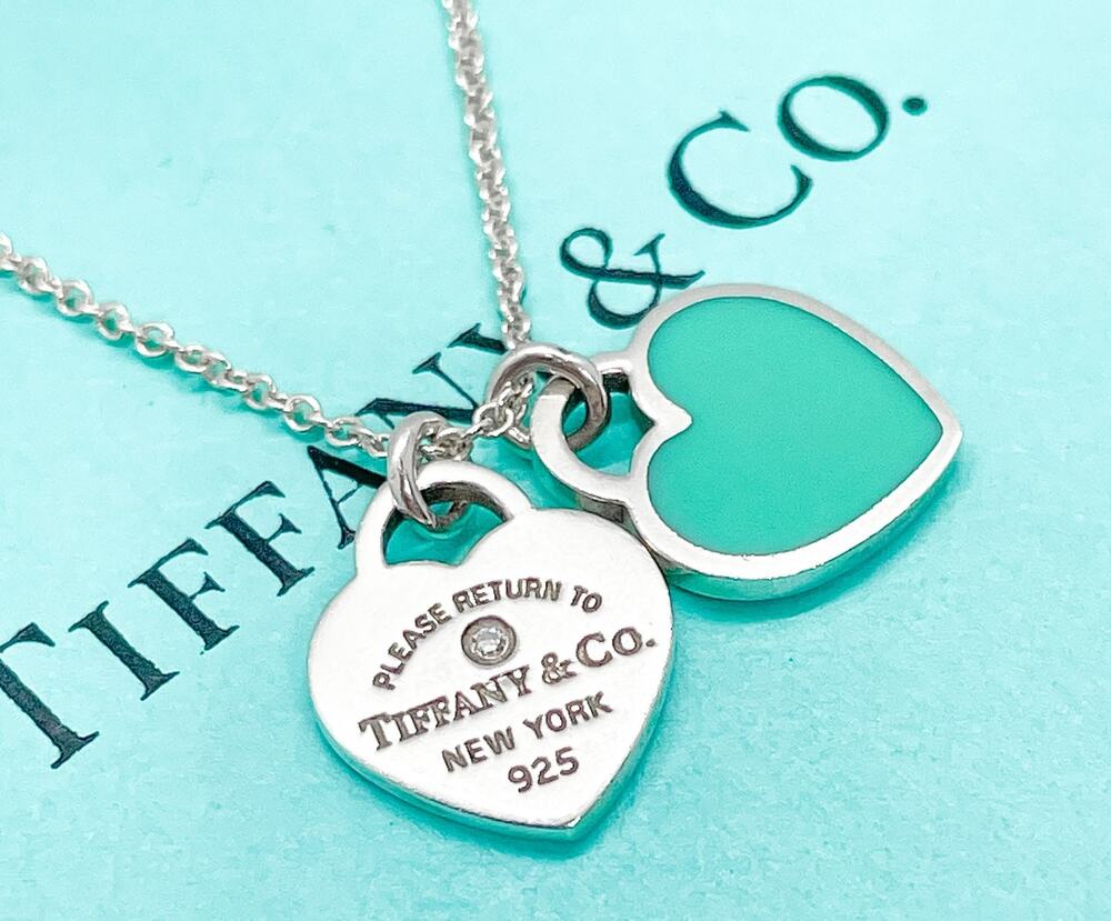 Tiffany & Co. Return to Tiffany Diamond Blue Double Heart Necklace Silver 16-18"